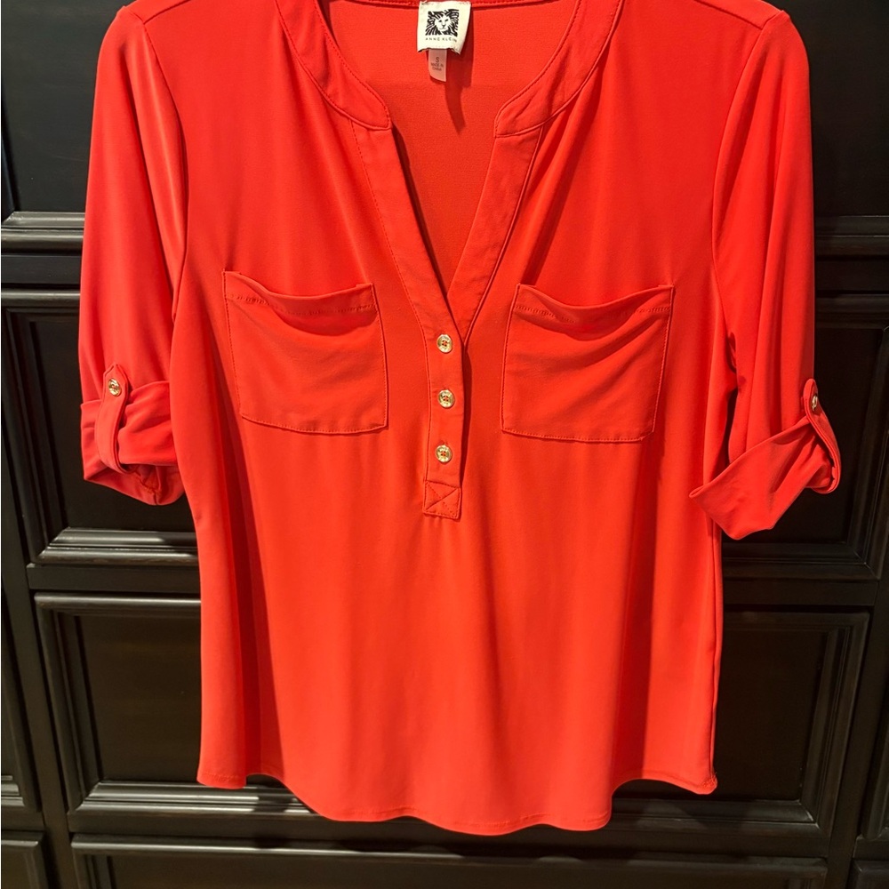 Anne Klein Bright Red Button-Placket Roll-Sleeve Blouse